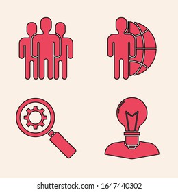 Coloque la cabeza humana con bombilla, grupo de usuarios, Globe y personas y el icono de cristal y engranaje de aumento. Vector