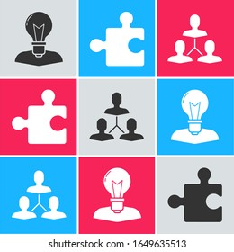 Set Human head with lamp bulb, Piece of puzzle and Project team base icon. Vector
