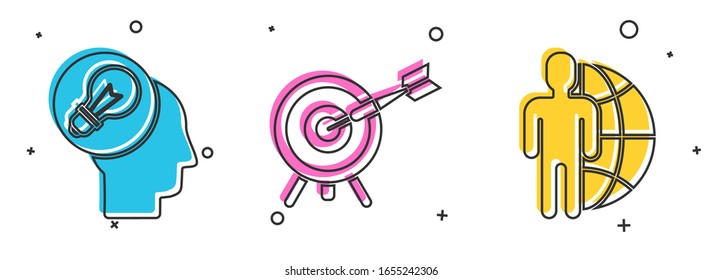 Coloque la cabeza humana con bombilla, el objetivo con flecha y el icono Globo y personas. Vector