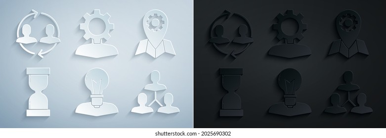 Set Human head with lamp bulb, Location job, Old hourglass flowing sand, Project team base, gear inside and resources icon. Vector