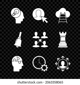 Set Human Head mit Lampe Glühbirne, User of in Business Anzug, Ladder führt zur Cloud, Rätsel Strategie, Time Management, Projekt-Team-Basis, Ringing Glocke und Icon. Vektorgrafik