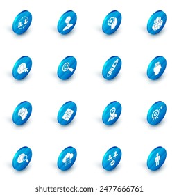 Set Human head with lamp bulb, gear inside, Globe and people, User of business suit, Magnifying glass, Project team base and Rocket ship fire icon. Vector