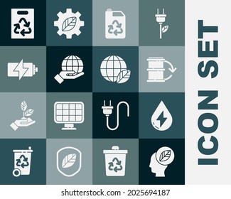 Set Human head with leaf inside, Water energy, Eco fuel barrel, canister, Hand holding Earth globe, Battery, Paper bag recycle and  icon. Vector