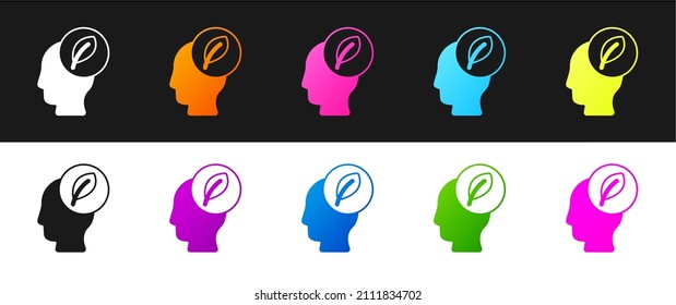 Set Human head with leaf inside icon isolated on black and white background.  Vector