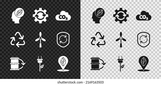 Set Human head with leaf inside, Gear and arrows as workflow, CO2 emissions cloud, Eco fuel barrel, Electric saving plug, Location, Recycle symbol and Wind turbine icon. Vector
