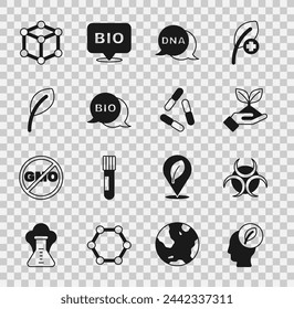 Set Human head with leaf inside, Biohazard symbol, Plant hand, DNA, healthy food, Leaf or leaves, Molecule and Virus icon. Vector