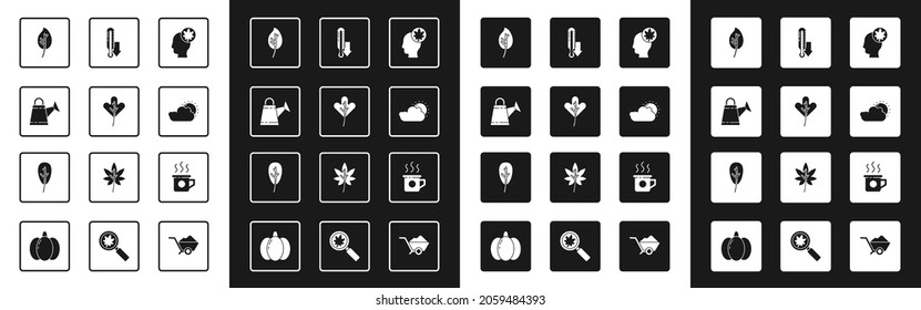 Set Human head with leaf, Leaf or leaves, Watering can, Sun and cloud weather, Meteorology thermometer, Cup of tea and  icon. Vector
