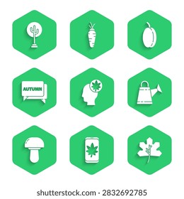 Set Human head with leaf, Leaf on mobile phone, or leaves, Watering can, Mushroom, Speech bubble text autumn, Plum fruit and Tree icon. Vector