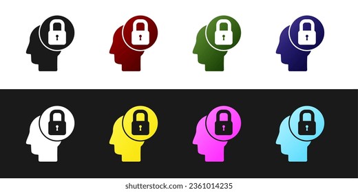 Set Human head with lock icon isolated on black and white background.  Vector Illustration