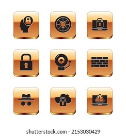 Set Human head with lock, Incognito mode, Cloud computing, Ringing alarm bell, Lock, Laptop and, exclamation mark and Safe icon. Vector