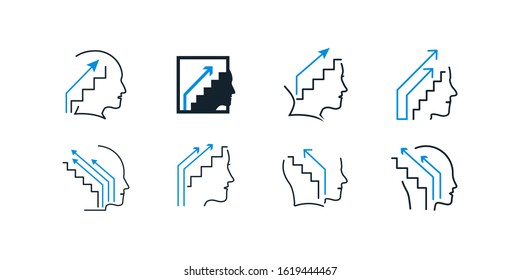 Set of human head profile and ladder.
Cognitive self improvement psychology education concept for training courses in growth mindset.
Personal potential development. Vector illustration
