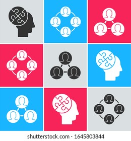 Set Human head puzzles strategy, Project team base and Project team base icon. Vector