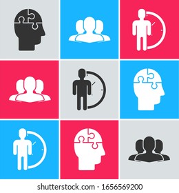 Set Human head puzzles strategy, Users group and Time Management icon. Vector