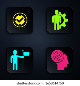 Set Human head puzzles strategy, Target and check mark, Man holding flag and Human with gear inside. Black square button. Vector