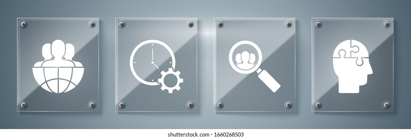 Set Human head puzzles strategy, Magnifying glass for search a people, Time Management and Globe and people. Square glass panels. Vector