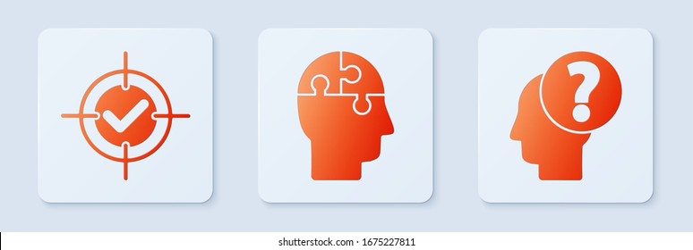 Set Human head puzzles strategy, Target and check mark and Human head with question mark. White square button. Vector