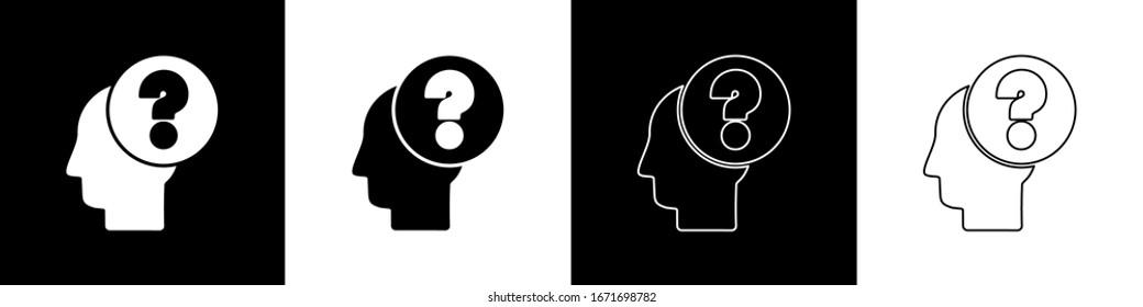 Set Human head with question mark icon isolated on black and white background.  Vector Illustration