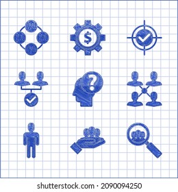 Set Human head with question mark, Project team base, Magnifying glass for search people, User of business suit, Target and check and  icon. Vector