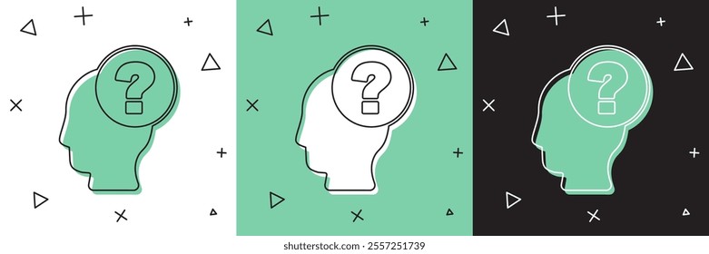 Set Human head with question mark icon isolated on white and green, black background.  Vector