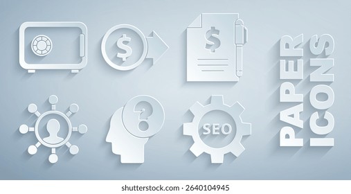 Set Human head with question mark, Contract money and pen, Business network communication, Seo tag gear wheel, Coin dollar and Safe icon. Vector