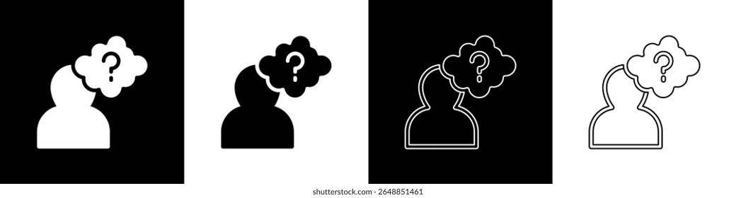 Set Human head with question mark icon isolated on black and white background.  Vector