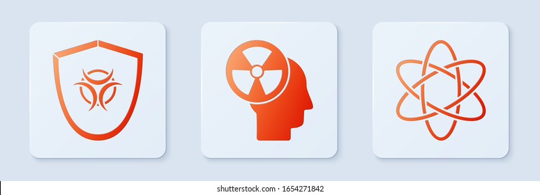 Set Human head and a radiation, Biohazard symbol on shield and Atom. White square button. Vector