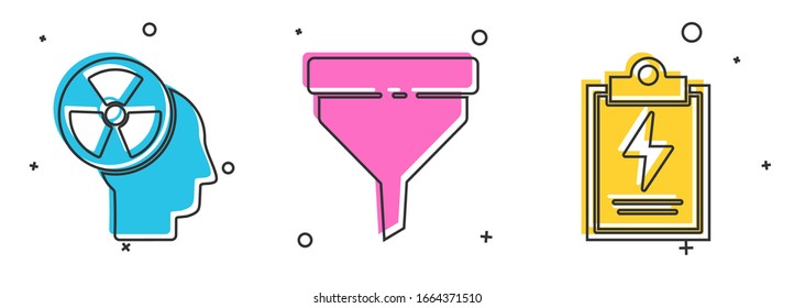 Ajuste cabeza humana y una radiación, embudo o filtro y portapapeles de laboratorio con un icono de lista de comprobación. Vector