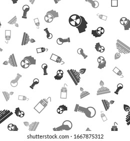 Set Human head and a radiation, Test tube and flask chemical, Alcohol or spirit burner and Laboratory wash bottle on seamless pattern. Vector