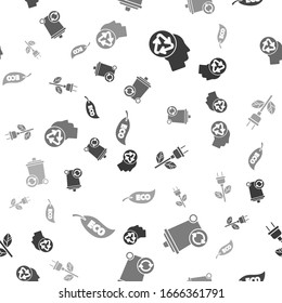 Set Human head with recycle, Recycle bin with recycle symbol, Electric saving plug in leaf and Leaf Eco symbol on seamless pattern. Vector
