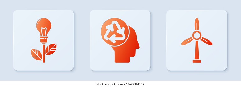 Set Human head with recycle, Light bulb with leaf and Wind turbine. White square button. Vector
