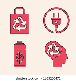 Set Human head with recycle, Paper shopping bag with recycle, Electric plug and Recycling plastic bottle icon. Vector