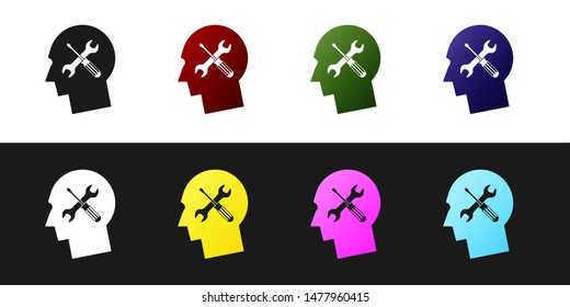 Set Human head with with screwdriver and wrench icon isolated on black and white background. Artificial intelligence. Symbol work of brain.  Vector Illustration