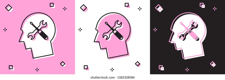 Set Human head with with screwdriver and wrench icon isolated on pink and white, black background. Artificial intelligence. Symbol work of brain.  Vector Illustration