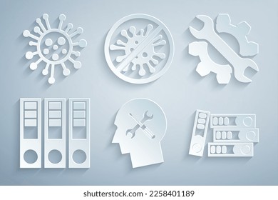 Establecer servicio de cabeza humana, llave y engranaje, carpetas de Office, Virus de parada, bacterias e icono de bacterias. Vector