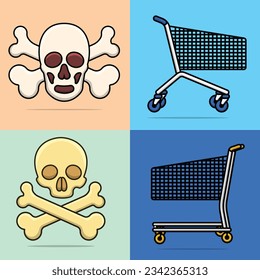Set of human head and shopping cart vector illustration. Dead body head and shopping cart icon concept.