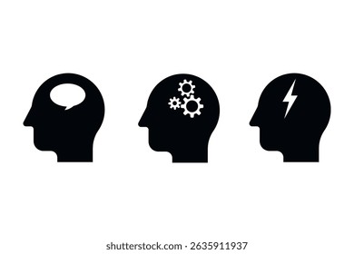 Set of human head silhouette icons with brain symbols: speech bubble, gears, and lightning. Represents thinking, decision-making, and mental energy. Concept of brain activity and mental health.