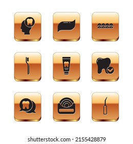 Fijar la cabeza humana con dientes, dientes, hilos dentales, tubo de pasta dentífrica, cepillo de dientes, llaves de dientes, escalador explorador e icono de pasta dentífrica. Vector