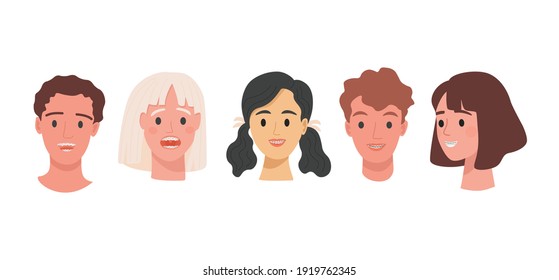 Set of human heads with braces on teeth vector flat illustration isolated on white background. Men and women portraits with dental braces. Cosmetic odontology, teeth straightening concept.