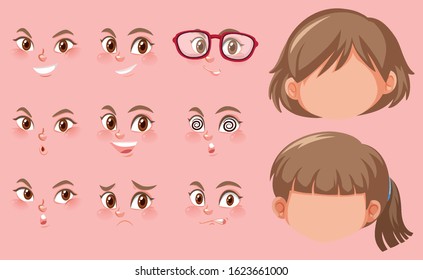 Set of human heads and different expressions on the face illustration