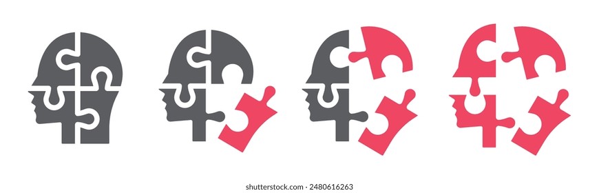 Set of human heads with puzzles icons. Puzzle human face, mental health, logical thinking, idea, business, business project. Vector.