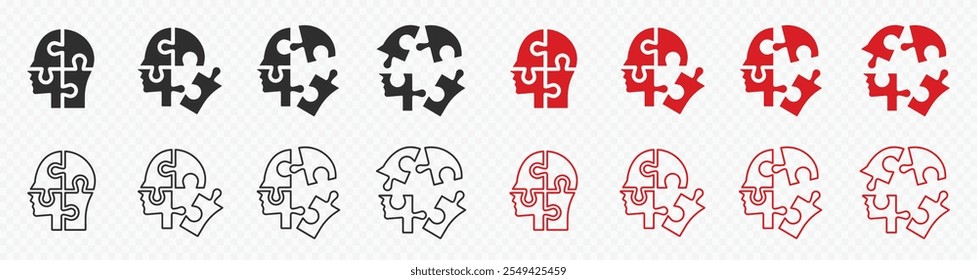 Set of human heads with puzzles icons. Puzzle human face, mental health, logical thinking, idea, business, business project. Vector.