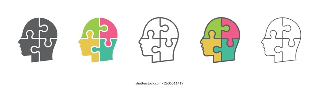 Set of human heads with puzzles icons. Puzzle human face, mental health, logical thinking, idea, business, business project. Vector.