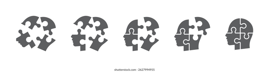 Set of human heads with puzzles icons. Puzzle human face, mental health, logical thinking, idea, business, business project. Vector.