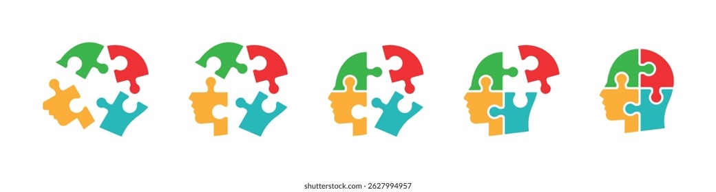 Set of human heads with puzzles icons. Puzzle human face, mental health, logical thinking, idea, business, business project. Vector.