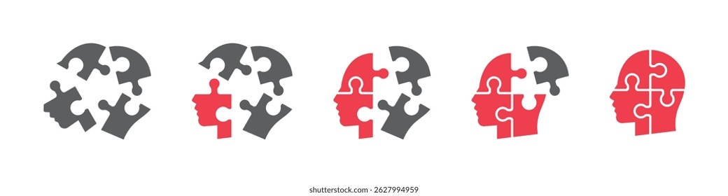 Set of human heads with puzzles icons. Puzzle human face, mental health, logical thinking, idea, business, business project. Vector.