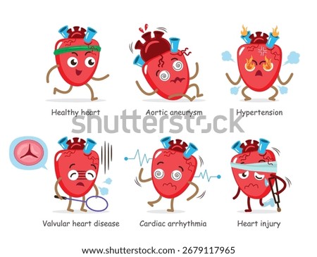 Set of Human heart internal organ cartoon character illustration set 3 of 4 . White isolated background . Vector .