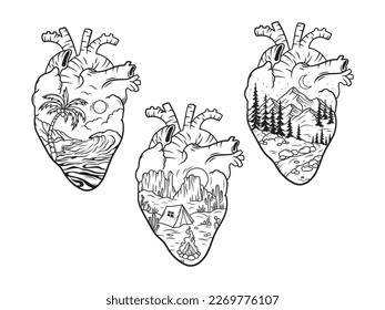 Set of human heart with nature landscape. Collection of human heart shape with nature wildlife inside, forest, beach and ocean. Valentine card. Anatomy. Vector illustration on a white background. 