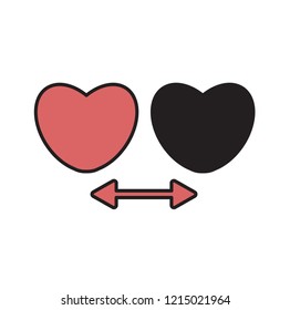 Set of a human heart, red and black, organ, muscle, blood vessels, cardio, medicine and health. Red and black silhouette of heart on a white background, flat design. Vector EPS10