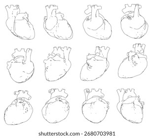 A set of human heart with unique shapes and sizes in a cartoon style. Vector illustration