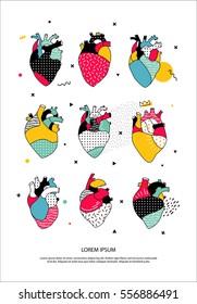 A set of human hearts in the Memphis style. Illustration can be used for the cover of the book, to print T-shirts, a poster for a party.